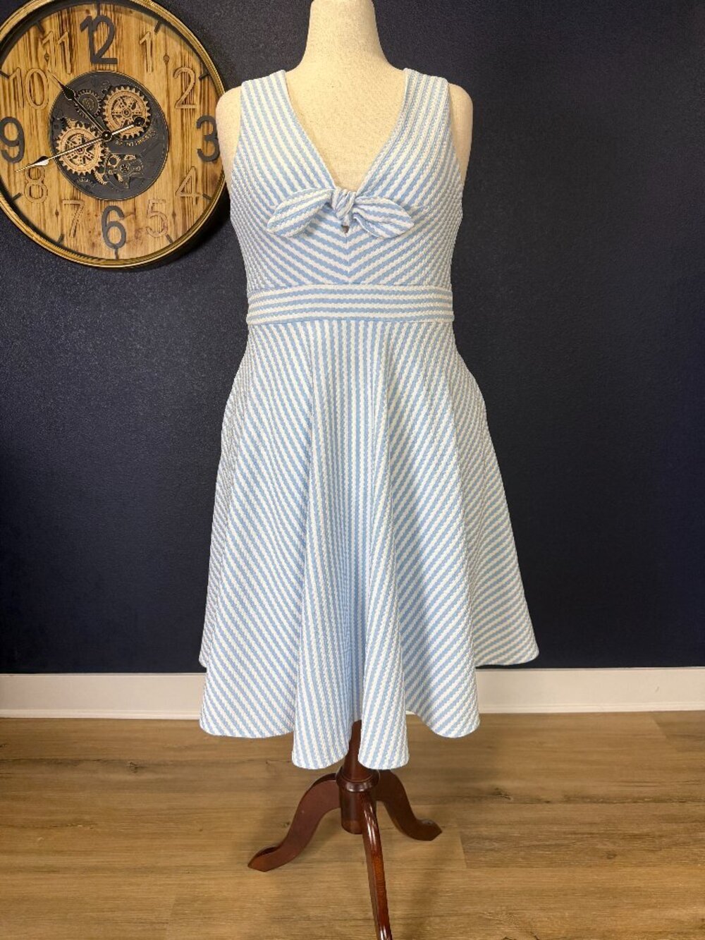 Hutch Anthropologie Blue White Seersucker Stripe Tie Front Dress | L